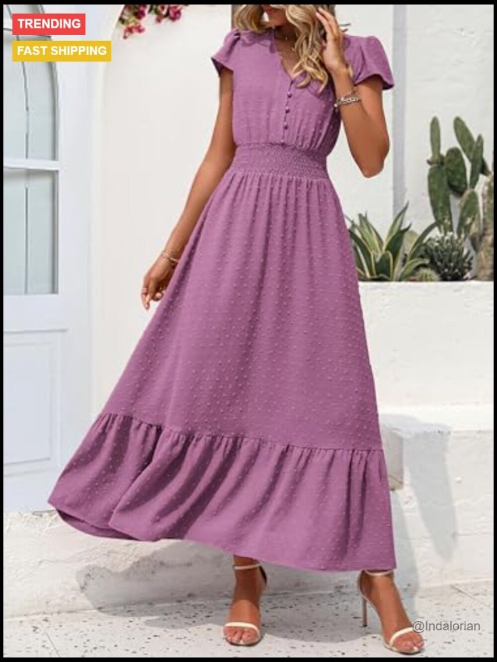 Swiss Dot Maxi Dress with Smocked Waist and Ruffle Hem - Picture 3 of 7